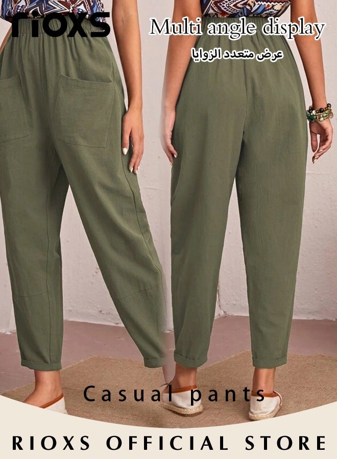 RIOXS Women's Long Pant, Casual Trousers With Front Pockets, Regular Fit Basic Trousers For Women, Ladies Classic Capri Pants, Baggy Wide Leg Pants, Elastic Waisted Loose Harem Pants, Comfy Beach Trousers For Work And Daily Wear-Green Trousers - Image 3
